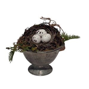 Vintage Pewter Bowl with Birds Nest and Speckled Eggs